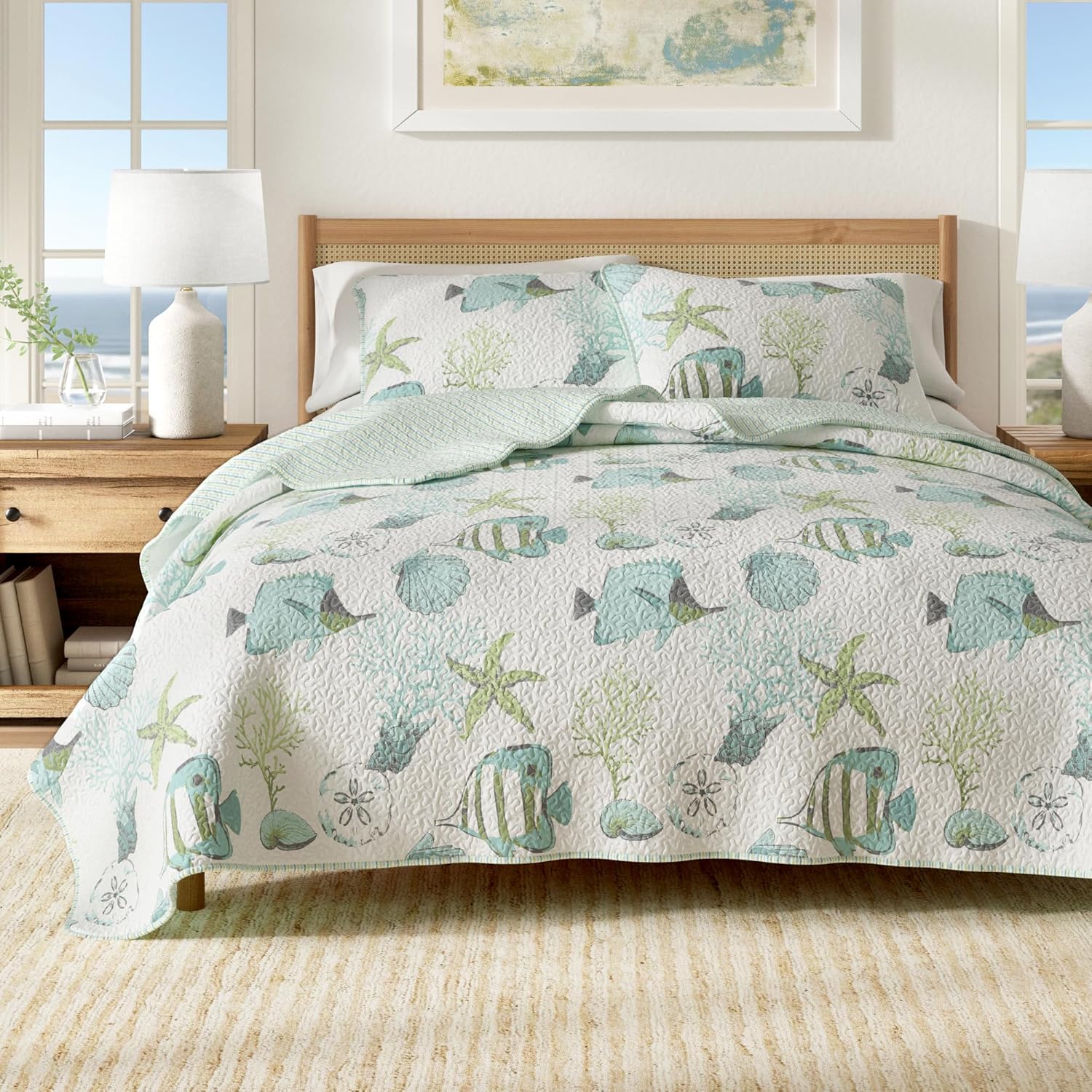 Great Bay Home Great Bay Home Fenwick Collection 3-Piece Coastal Beach Quilt Set Twin Ether Blue Soft Reversible All-Season Microfiber Bedspread - View 8 of 9