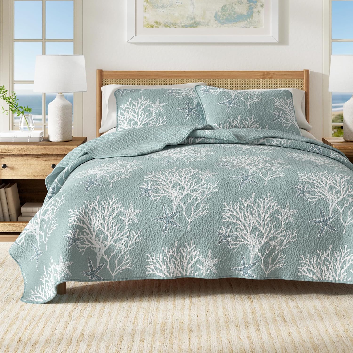 Great Bay Home Great Bay Home Fenwick Collection 3-Piece Coastal Beach Quilt Set Twin Ether Blue Soft Reversible All-Season Microfiber Bedspread