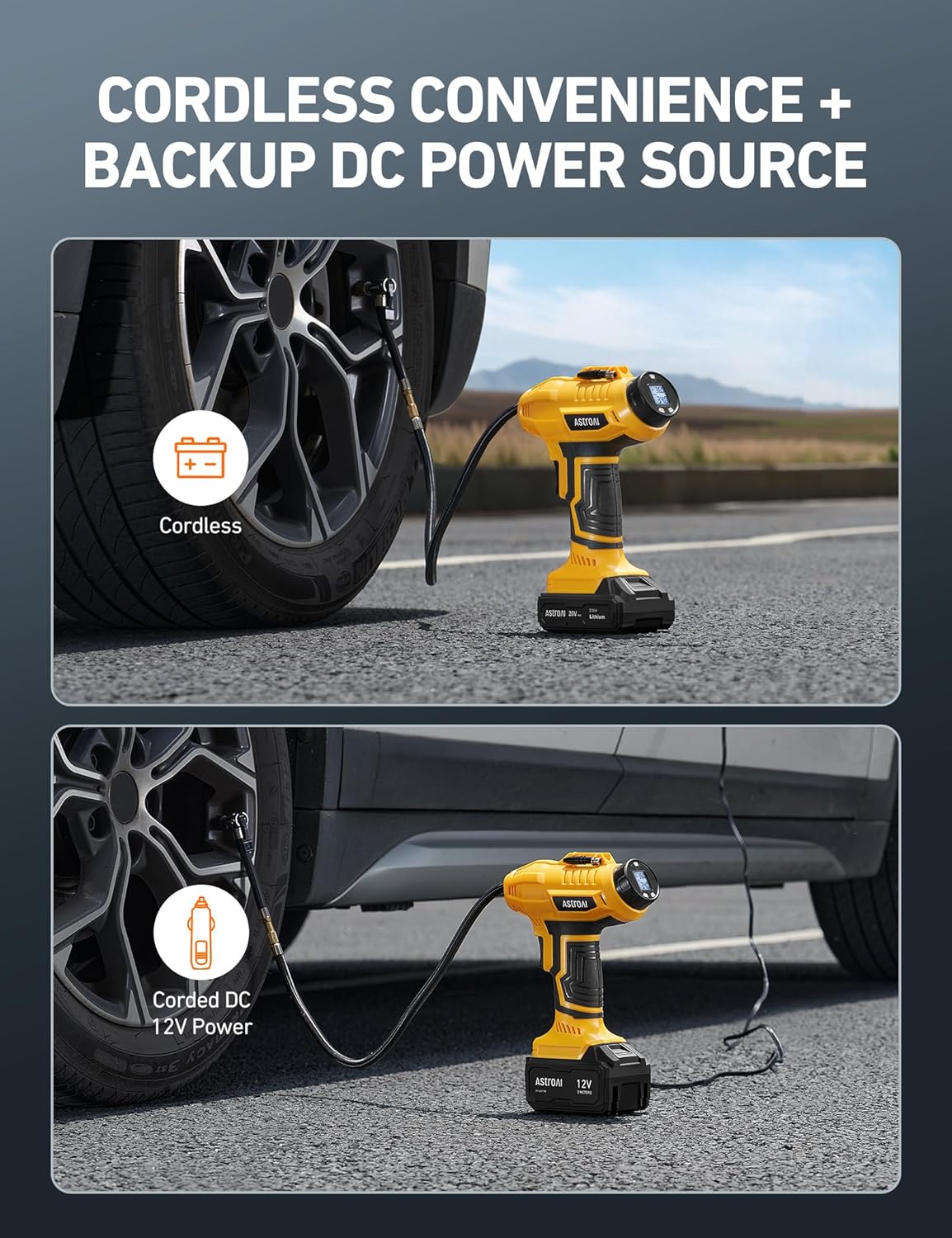 AstroAI AstroAI Cordless Tire Inflator Air Compressor 20V Rechargeable Battery Powered 160PSI Portable Air Pump with 12V Car Power Adapter Digital Pressure - View 3 of 9