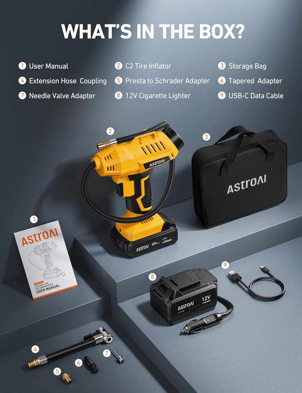 AstroAI AstroAI Cordless Tire Inflator Air Compressor 20V Rechargeable Battery Powered 160PSI Portable Air Pump with 12V Car Power Adapter Digital Pressure - View 9 of 9