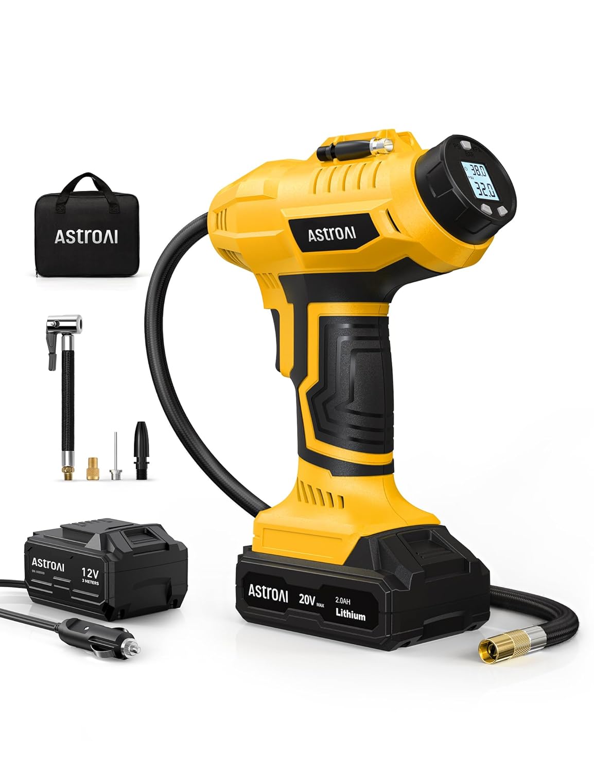 AstroAI Cordless Tire Inflator Air Compressor 20V Rechargeable Battery Powered 160PSI Portable Air Pump with 12V Car Power Adapter Digital Pressure