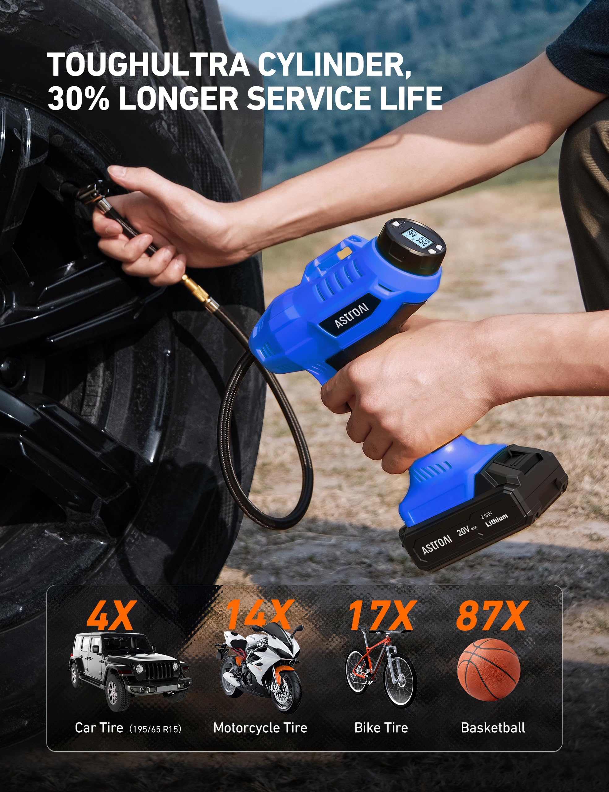 AstroAI AstroAI C2 Cordless Tire Inflator Air Compressor 20V Rechargeable Battery Powered 160PSI Portable Handheld Air Pump with 12V Car Power Adapter - View 3 of 9