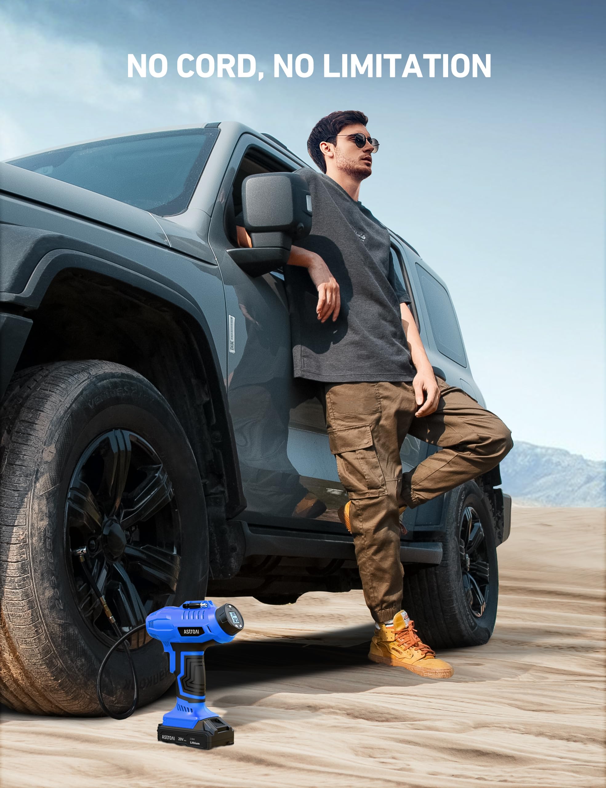 AstroAI AstroAI C2 Cordless Tire Inflator Air Compressor 20V Rechargeable Battery Powered 160PSI Portable Handheld Air Pump with 12V Car Power Adapter - View 7 of 9