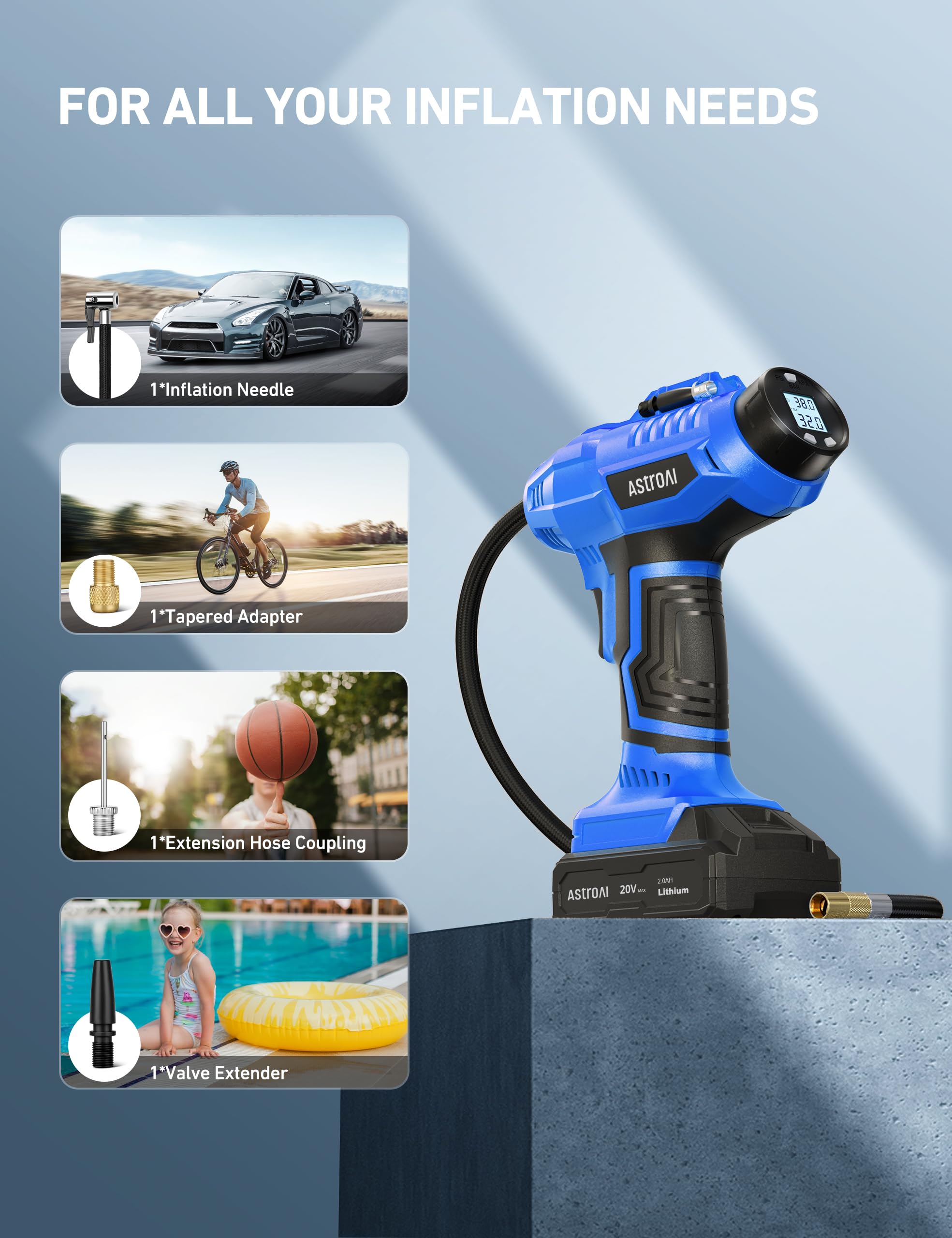 AstroAI AstroAI C2 Cordless Tire Inflator Air Compressor 20V Rechargeable Battery Powered 160PSI Portable Handheld Air Pump with 12V Car Power Adapter - View 8 of 9