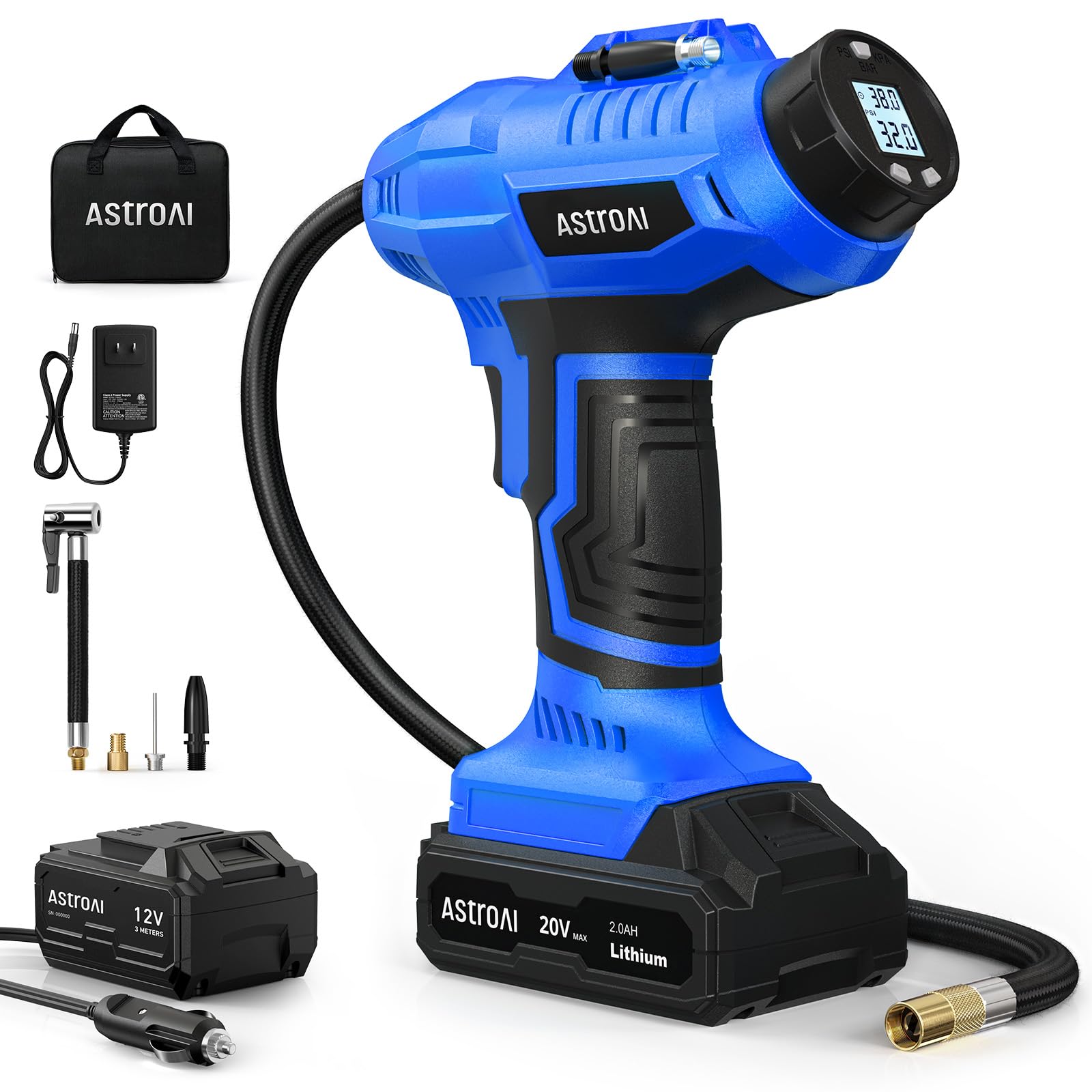 AstroAI C2 Cordless Tire Inflator Air Compressor 20V Rechargeable Battery Powered 160PSI Portable Handheld Air Pump with 12V Car Power Adapter
