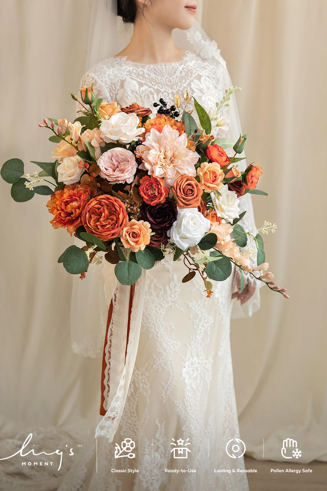 Ling's moment Ling's moment Terracotta Wedding Bouquets for Bride, Burnt Orange Bridal Bouquets for Bride, 15 Inch Free Form Artificial Wedding Flower Bouquet - View 2 of 7