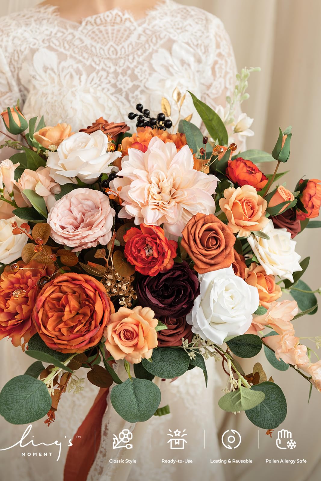 Ling's moment Ling's moment Terracotta Wedding Bouquets for Bride, Burnt Orange Bridal Bouquets for Bride, 15 Inch Free Form Artificial Wedding Flower Bouquet - View 3 of 7