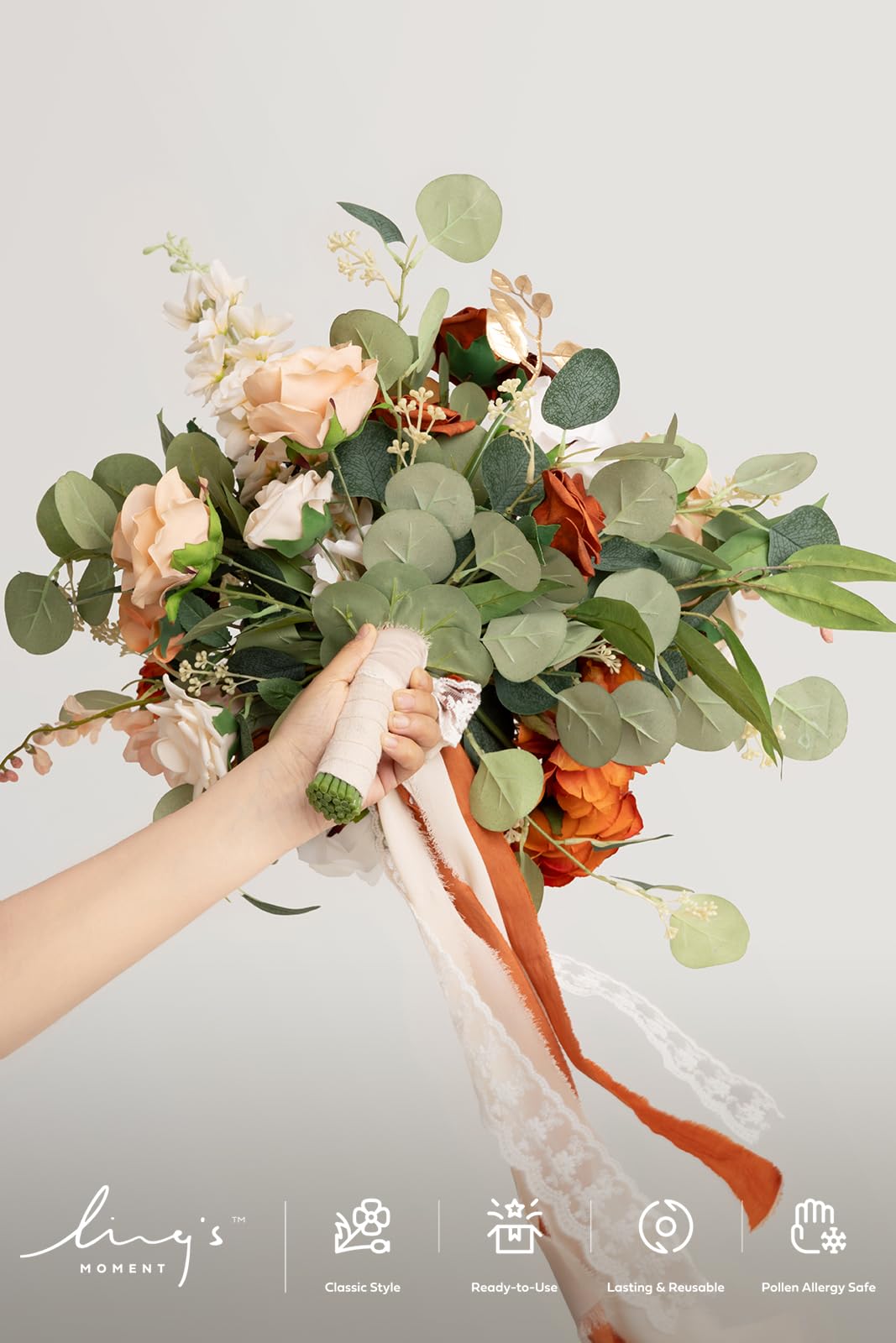 Ling's moment Ling's moment Terracotta Wedding Bouquets for Bride, Burnt Orange Bridal Bouquets for Bride, 15 Inch Free Form Artificial Wedding Flower Bouquet - View 4 of 7