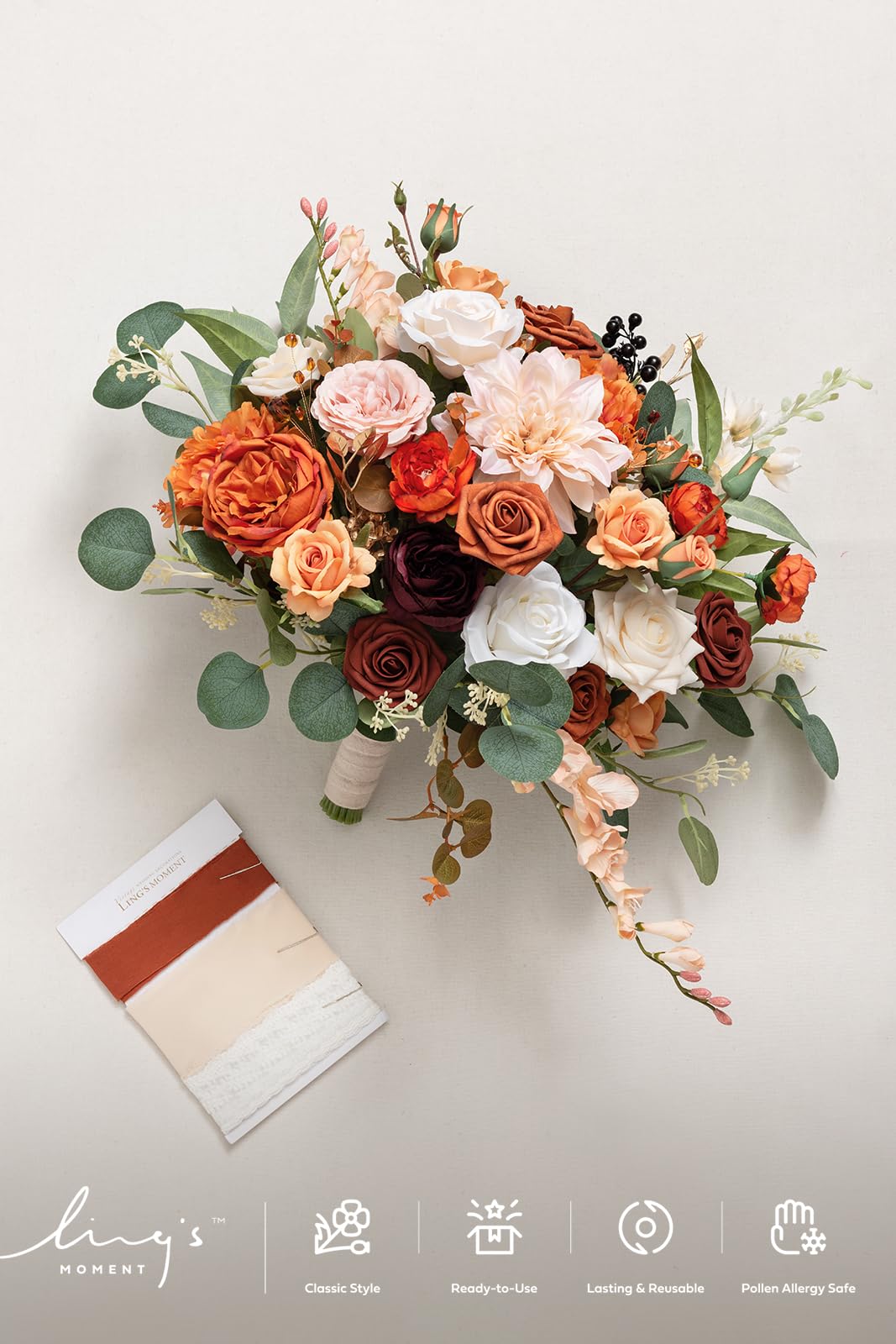 Ling's moment Ling's moment Terracotta Wedding Bouquets for Bride, Burnt Orange Bridal Bouquets for Bride, 15 Inch Free Form Artificial Wedding Flower Bouquet - View 7 of 7