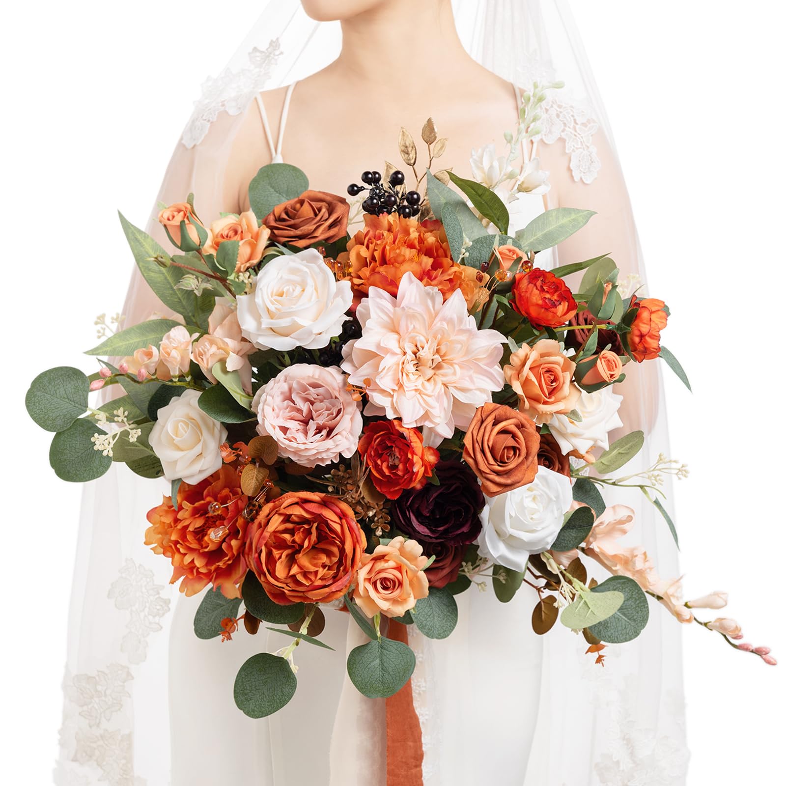 Ling's moment Terracotta Wedding Bouquets for Bride, Burnt Orange Bridal Bouquets for Bride, 15 Inch Free Form Artificial Wedding Flower Bouquet