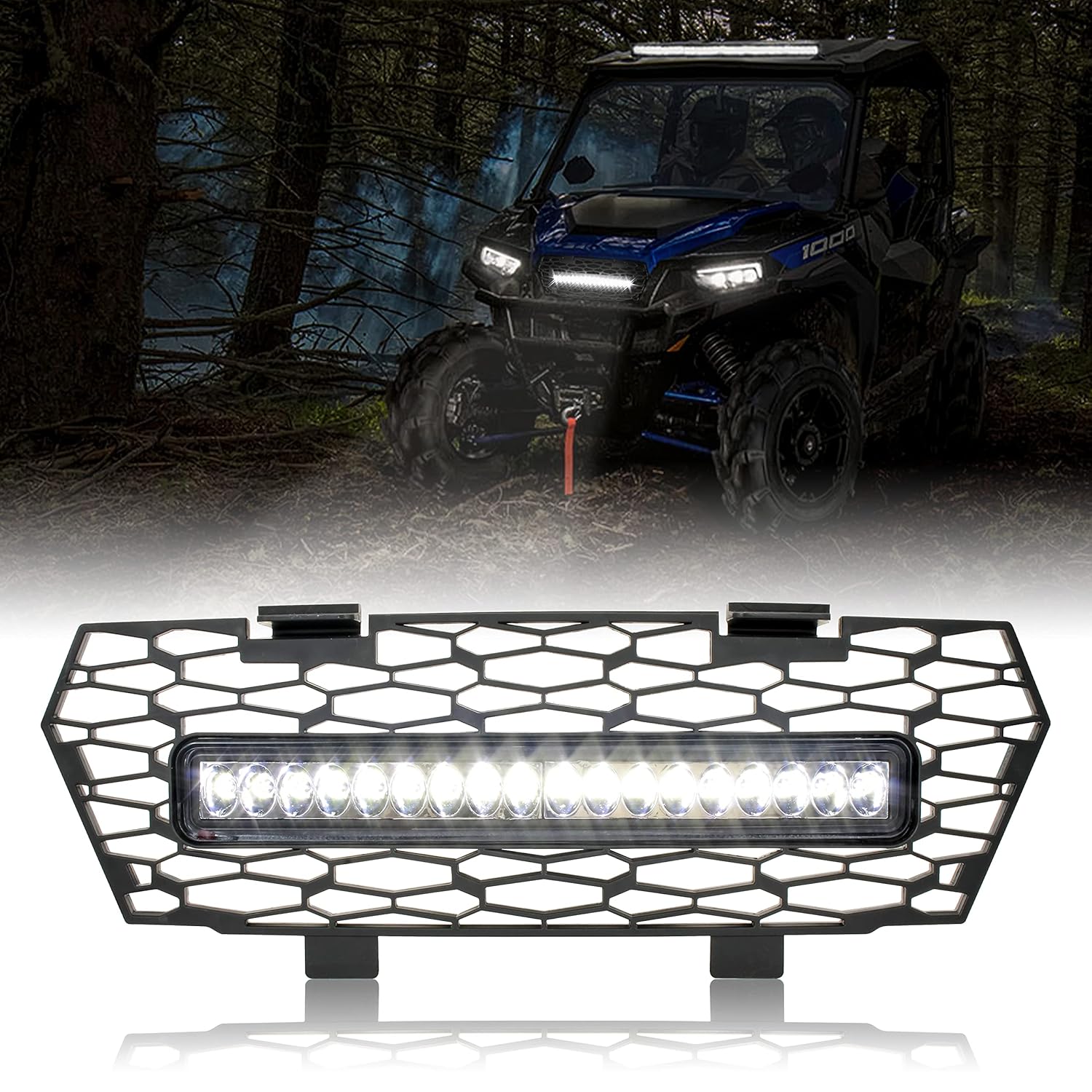 SAUTVS Mesh Grille with LED Spotlight for Polaris General 1000 XP 1000 4 2016-2025 Accessories, Front Mesh Grill with LED Light Bar