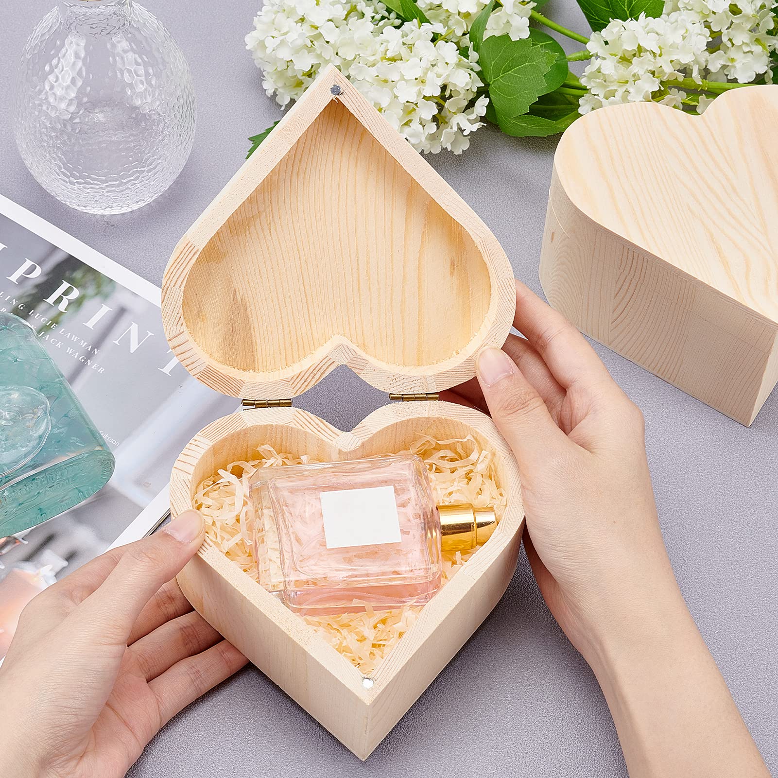 OLYCRAFT OLYCRAFT 4PCS Unfinished Wooden Box 5x5.2 Inch Unpainted Heart-Shaped Box Pine Storage Box Natural Wood Box with Iron Findings Love Gift Box for - View 3 of 7