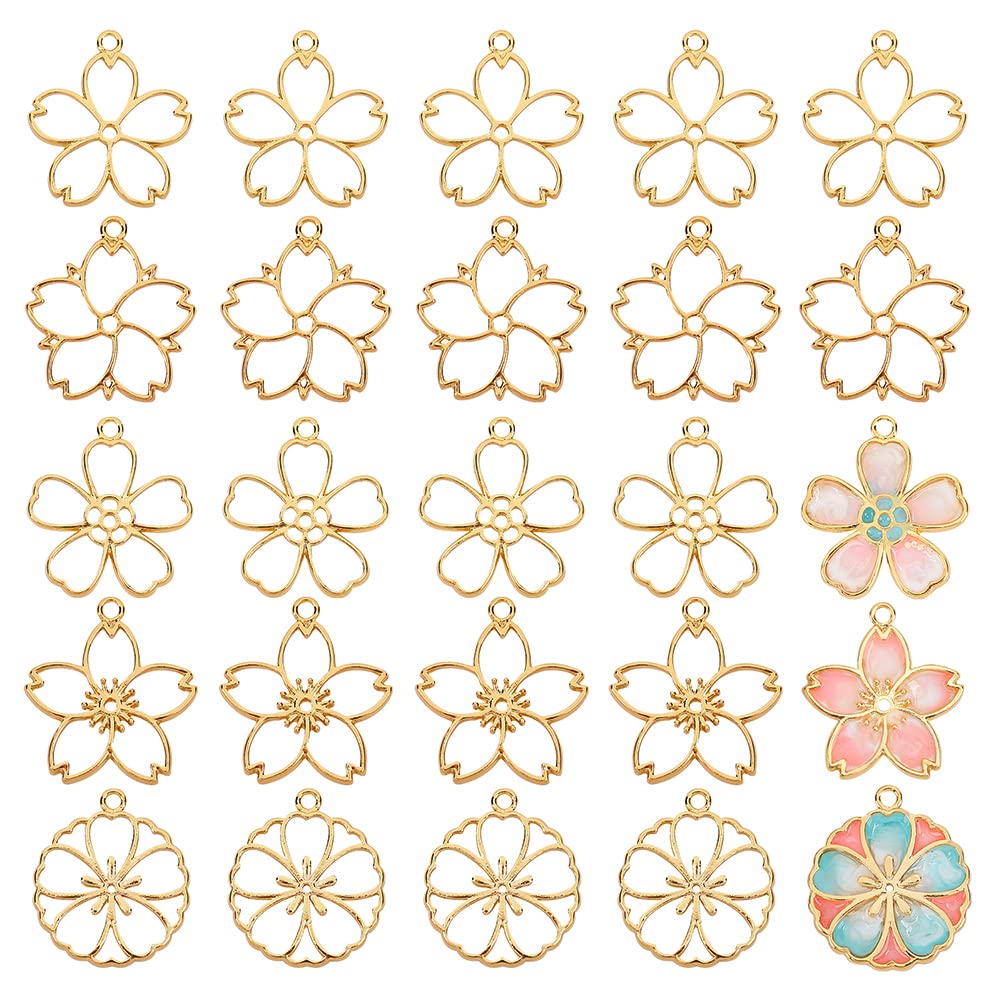 OLYCRAFT 30pcs Blossom Open Bezel Pendants Flower Charms 5-Shape Hollow Frame Dangle Charms Making Kits for DIY UV Resin or Pressed Flower Jewelry