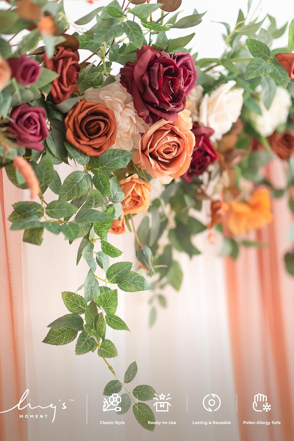 Ling's moment Ling's Moment 6.5FT Backdrop Flower Garland Decorations, Fall Artificial Wedding Arch Flowers, Orange Ceremony Reception Hanging Eucalyptus Rose - View 3 of 6