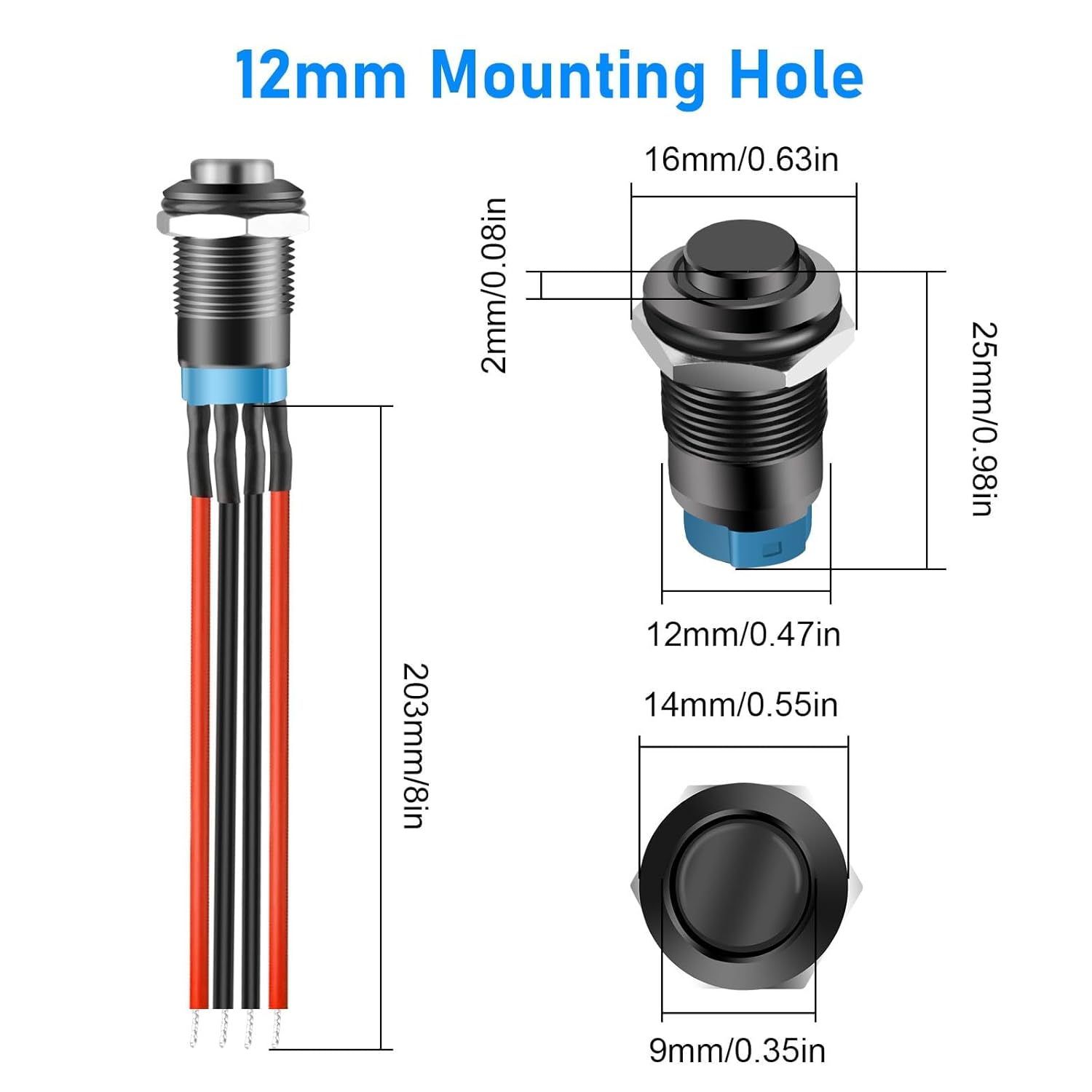 Linkstyle Linkstyle 5Pcs 12mm Latching Push Button Switch, Waterproof SPDT ON Off Self-Locking Switch Metal with Pre-Wired and LED for Boat Car - View 2 of 7