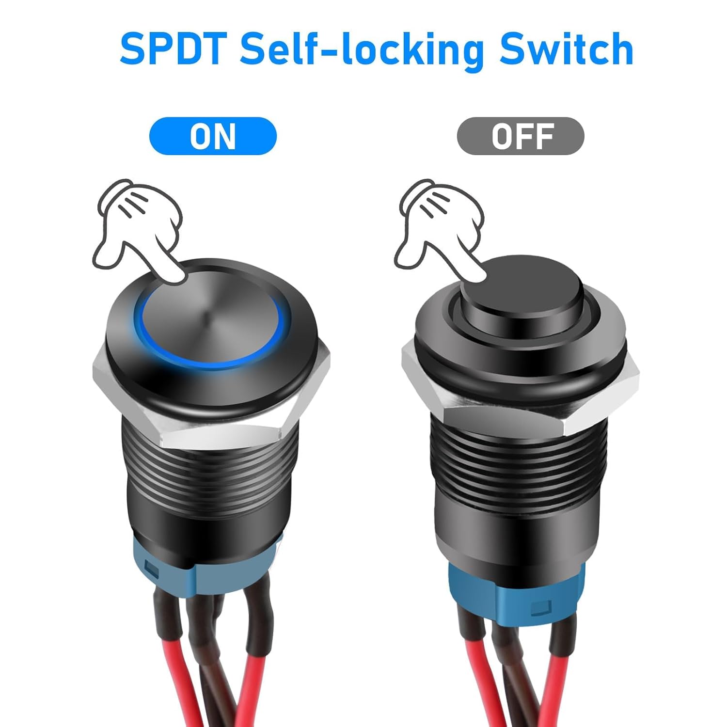 Linkstyle Linkstyle 5Pcs 12mm Latching Push Button Switch, Waterproof SPDT ON Off Self-Locking Switch Metal with Pre-Wired and LED for Boat Car - View 3 of 7