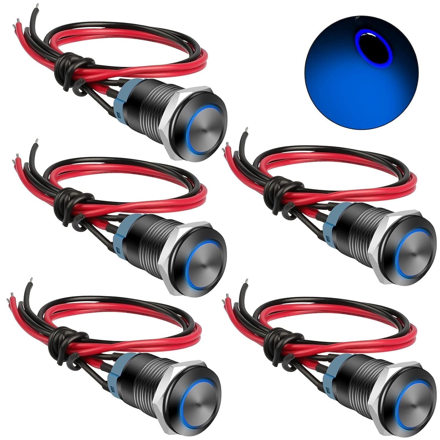 Linkstyle 5Pcs 12mm Latching Push Button Switch, Waterproof SPDT ON Off Self-Locking Switch Metal with Pre-Wired and LED for Boat Car