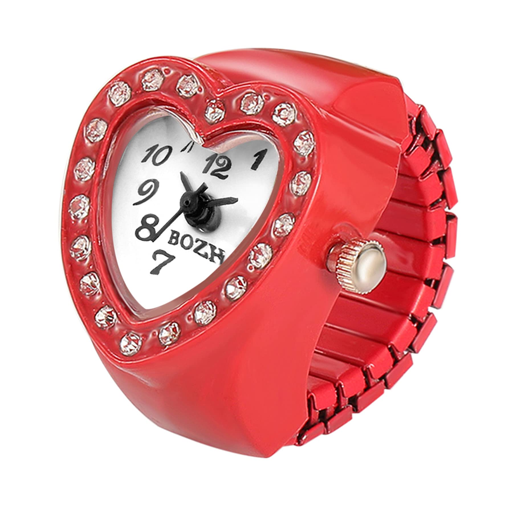 JewelryWe Men Women Finger Watch Heart Shape Rhinestone Quartz Analog Finger Ring Watches, Adjustable Size,