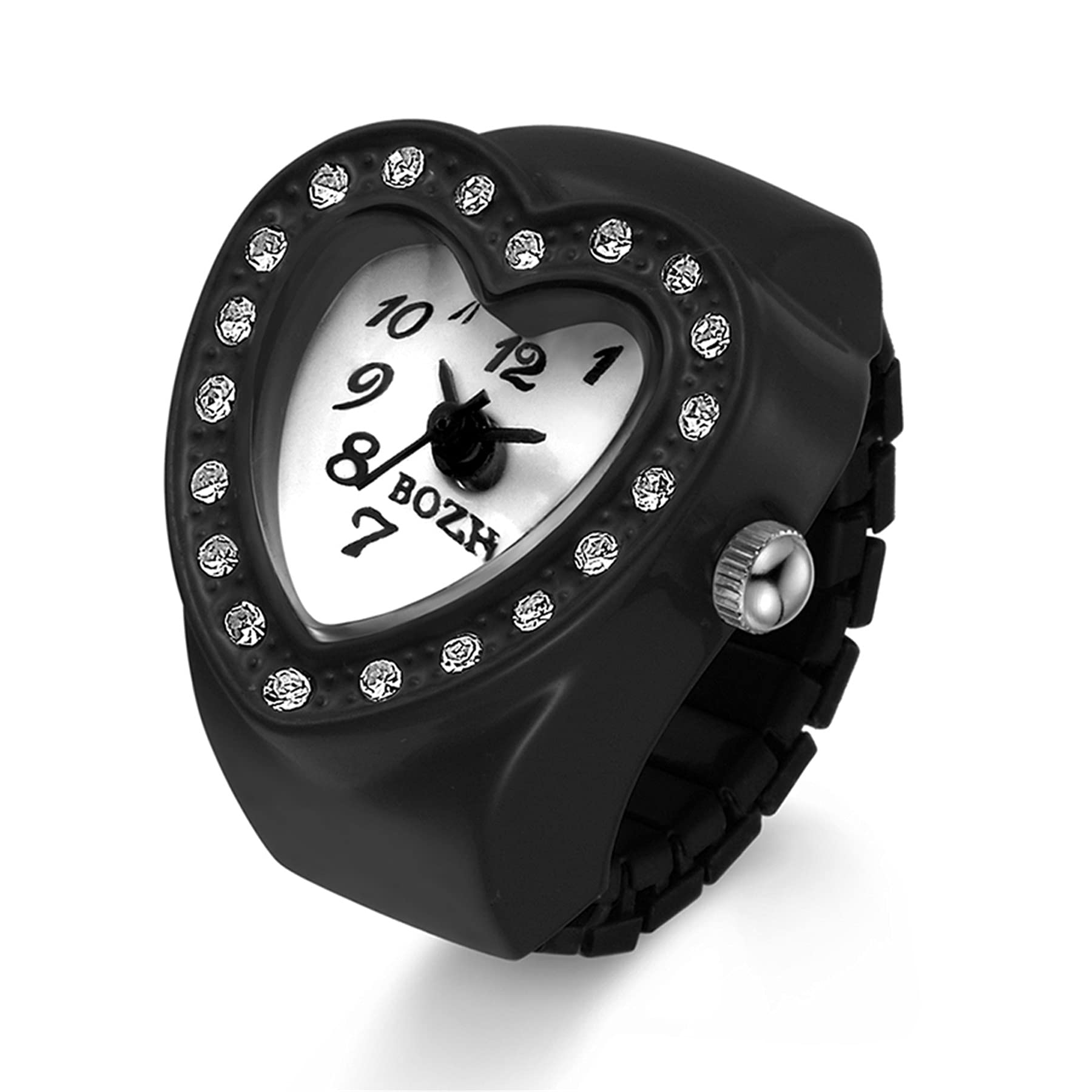 JewelryWe Adjustable Heart Black Round Analog Quartz Finger Ring Watch for Men and Women Modern Design