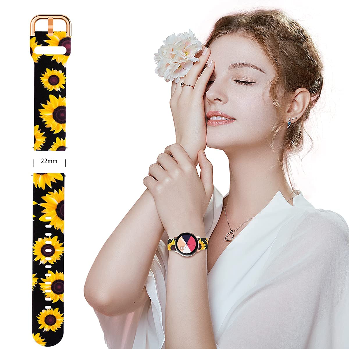 TOOLAIK TOOLAIK 22mm Premium Silicone Watch Band for Samsung Galaxy Watch, Black Sunflowers - View 5 of 9