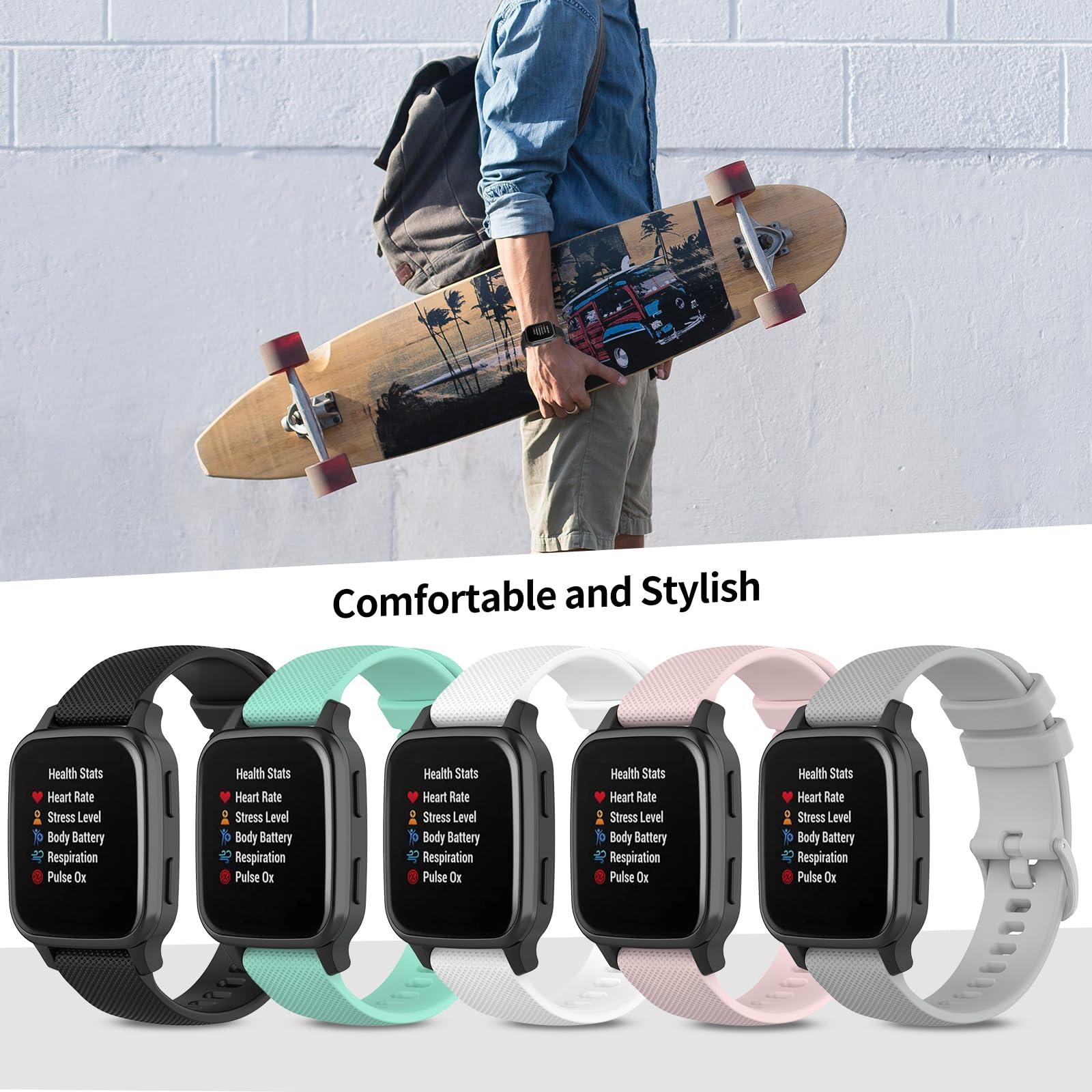 RuenTech Bands Compatible with Garmin Venu Venu Sq Venu Sq Music Band Silicone Quick Release Straps 20MM Replacement Wristband (Black Teal Pink White Gray) - View 4 of 7