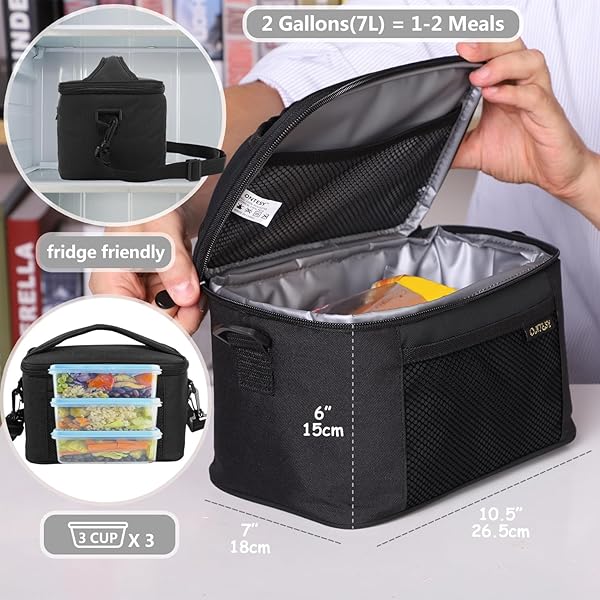ONTESY ONTESY Small Lunch Bag Thermal Insulated Reusable Leakproof Cooler for Kids and Adults Adjustable Strap for Work School Picnic 7.2L Black - View 3 of 7