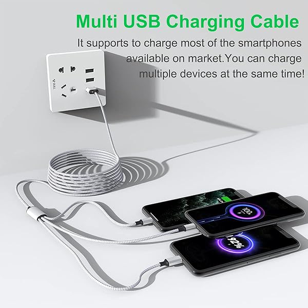 MTAKYI Multi 3 in 1 USB Long iPhone Charging Cable 1.8M Nylon Braided Universal Charger Cord for Android Apple Samsung LG Pixel Huawei XiaoMi Gray - View 4 of 8