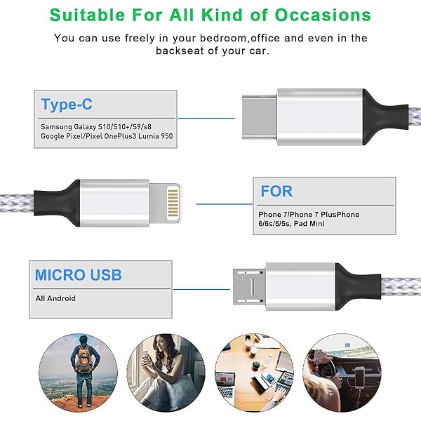 MTAKYI Multi 3 in 1 USB Long iPhone Charging Cable 3M Nylon Braided Universal Charger Cord for Android Apple Samsung LG Pixel Huawei XiaoMi Gray - View 3 of 8