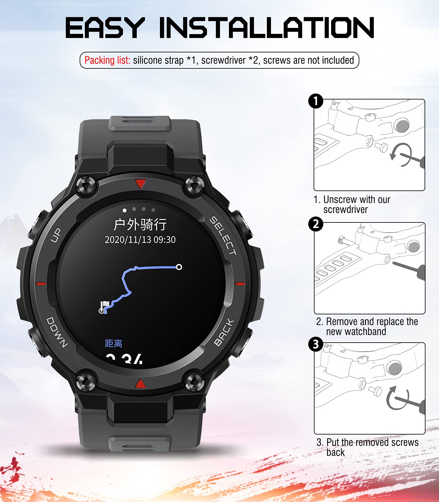 MoKo MoKo Soft Silicone Watch Band for Amazfit T-Rex T-Rex Pro Smartwatch Breathable Replacement Sport Strap Dark Gray - View 4 of 7