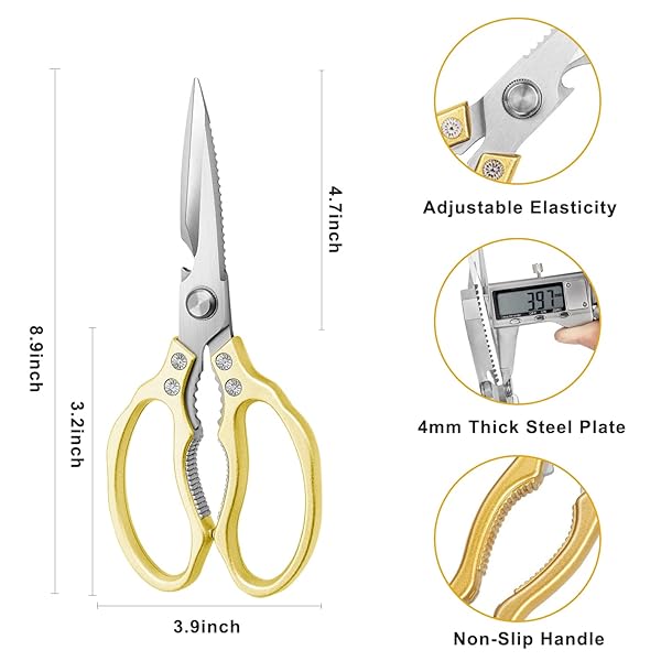 AWinjoy AWinjoy Heavy Duty Kitchen Scissors Sharp Shears Dishwasher Safe for Meat Chicken Fish Poultry Herb Bread Gold Kitchen Accessories - View 3 of 7