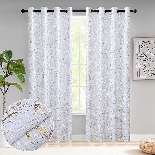Taisier Home Taisier Home White and Gold Shimmering Geometric Dots Curtains 95 Inch Light Filtering Decorative Drapes Set of 2 for Living Room Bedroom