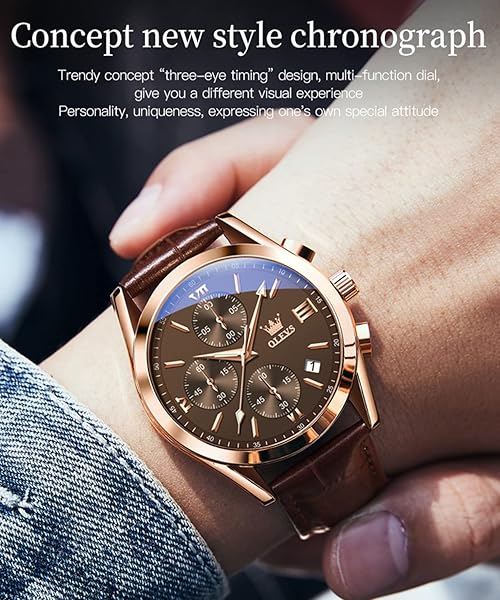 OLEVS OLEVS Men's Chronograph Quartz Watch with Leather Strap Waterproof Stainless Steel Luminous Hands Available in Brown Black Blue White Dial - View 4 of 10