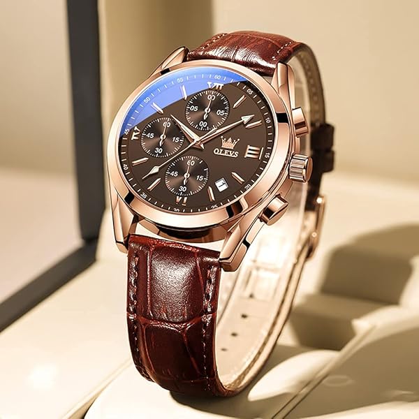 OLEVS OLEVS Men's Chronograph Quartz Watch with Leather Strap Waterproof Stainless Steel Luminous Hands Available in Brown Black Blue White Dial - View 6 of 10