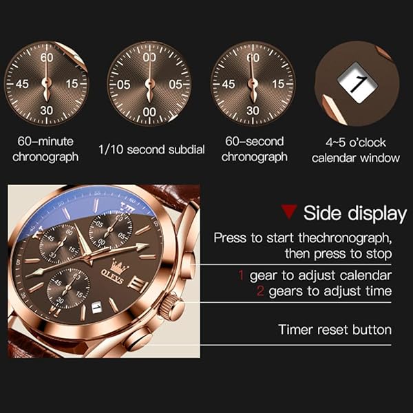 OLEVS OLEVS Men's Chronograph Quartz Watch with Leather Strap Waterproof Stainless Steel Luminous Hands Available in Brown Black Blue White Dial - View 7 of 10