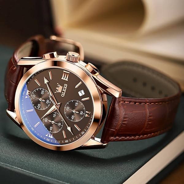 OLEVS OLEVS Men's Chronograph Quartz Watch with Leather Strap Waterproof Stainless Steel Luminous Hands Available in Brown Black Blue White Dial - View 8 of 10