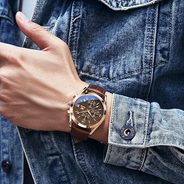 OLEVS OLEVS Men's Chronograph Quartz Watch with Leather Strap Waterproof Stainless Steel Luminous Hands Available in Brown Black Blue White Dial - View 9 of 10