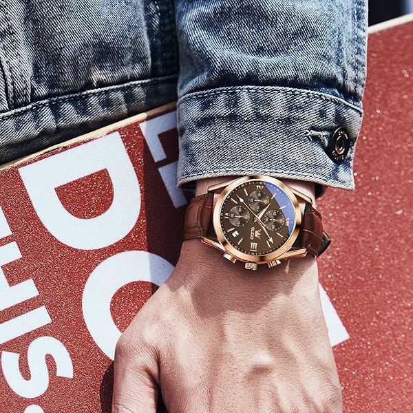 OLEVS OLEVS Men's Chronograph Quartz Watch with Leather Strap Waterproof Stainless Steel Luminous Hands Available in Brown Black Blue White Dial - View 10 of 10