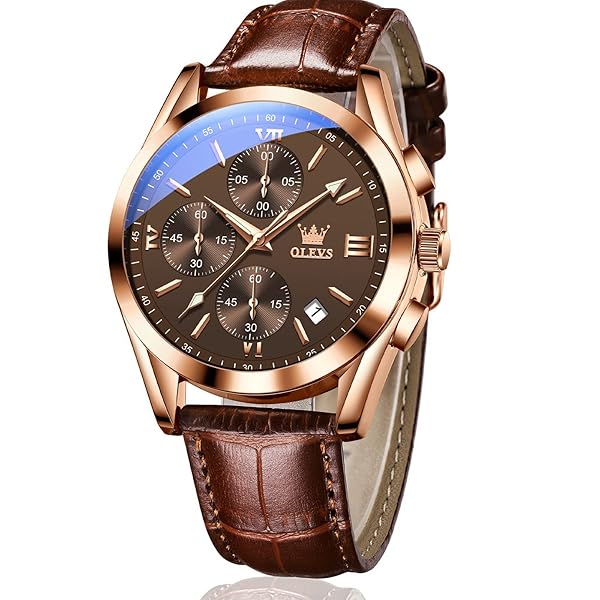 OLEVS OLEVS Men's Chronograph Quartz Watch with Leather Strap Waterproof Stainless Steel Luminous Hands Available in Brown Black Blue White Dial - View 2 of 10