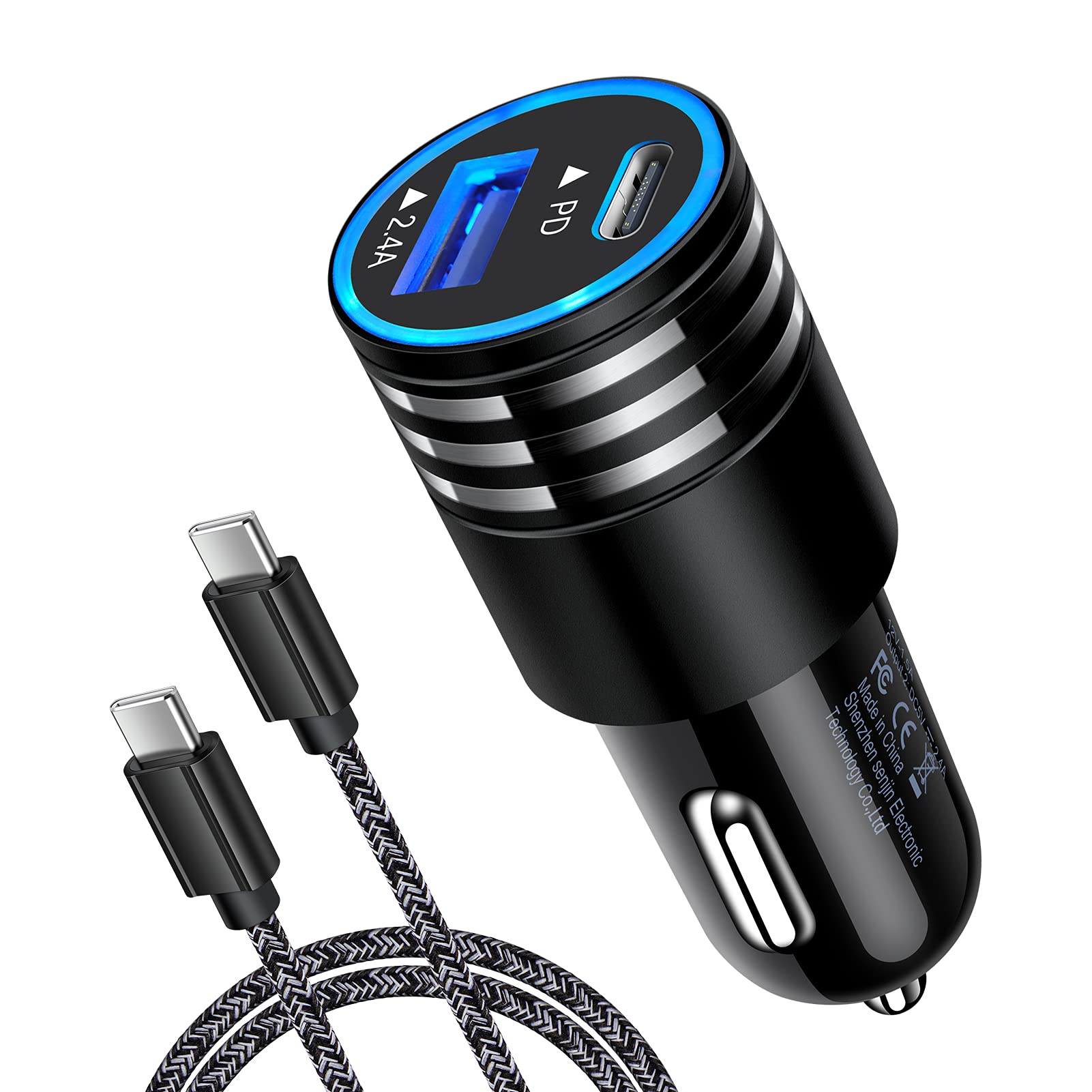ABCPOW 30W Fast Charge USB C Car Charger for Google Pixel & Samsung Galaxy - Type C to C Cable Included
