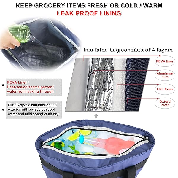 BeeGreen BeeGreen Large Insulated Cooler Bags for Picnic Grocery Travel Collapsible Soft Ice Chest Foldable Lunch Bag with Zipper Navy - View 8 of 10