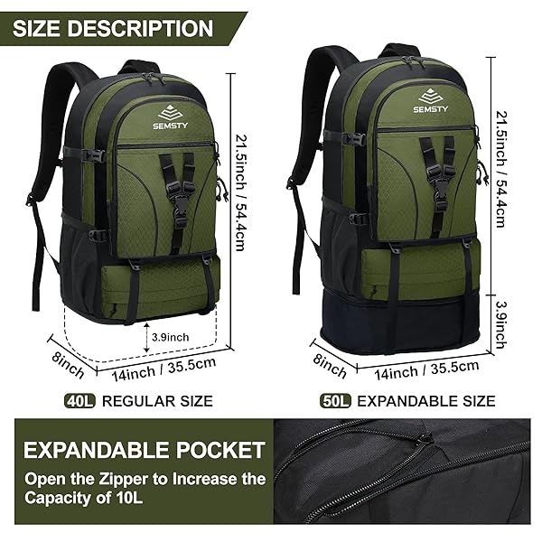 SEMSTY SEMSTY Expandable Hiking Backpack 30L 40L 50L for Men and Women Travel Camping Flight Approved - View 2 of 7