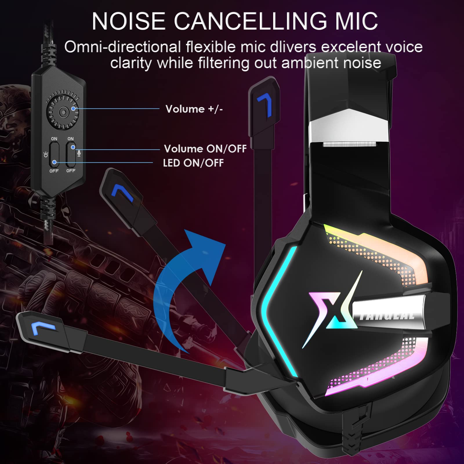 targeal Experience Immersive Sound: Targeal 7.1 Surround Sound Gaming Headset for PS5, PS4, PC & More - RGB LED & Noise-Canceling Mic - View 3 of 7