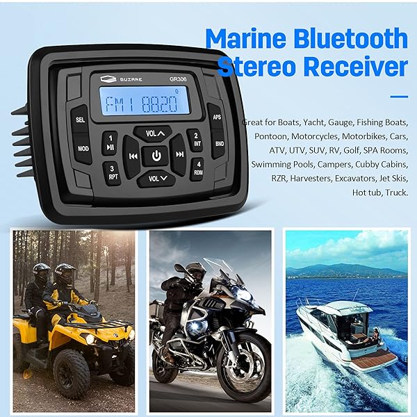 GUZARE GUZARE Marine Radio Bluetooth Audio System Package with Waterproof Stereo Receiver and 4 Inch Black Speakers for Boats ATV UTV Motorcycle - View 3 of 9