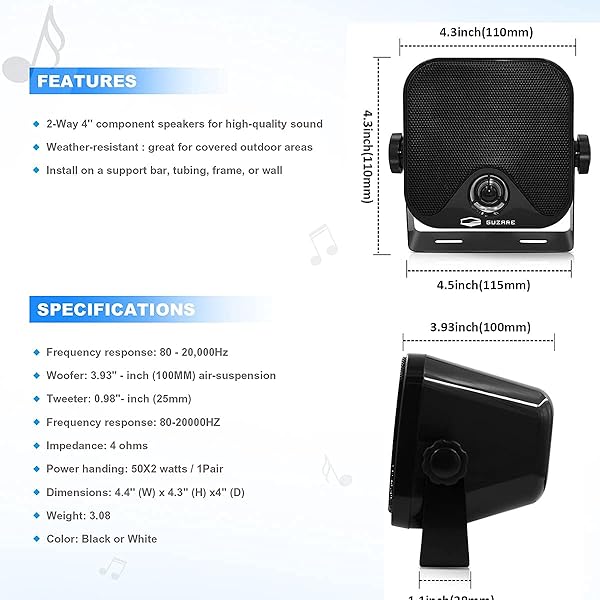 GUZARE GUZARE Marine Radio Bluetooth Audio System Package with Waterproof Stereo Receiver and 4 Inch Black Speakers for Boats ATV UTV Motorcycle - View 5 of 9