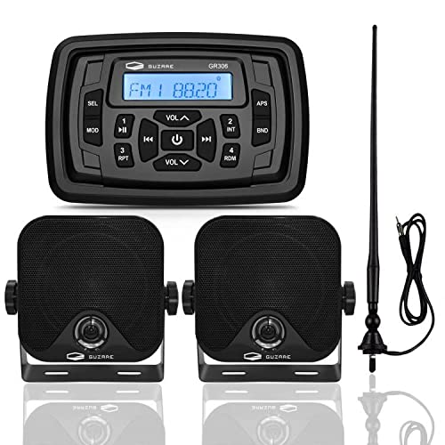 GUZARE GUZARE Marine Radio Bluetooth Audio System Package with Waterproof Stereo Receiver and 4 Inch Black Speakers for Boats ATV UTV Motorcycle
