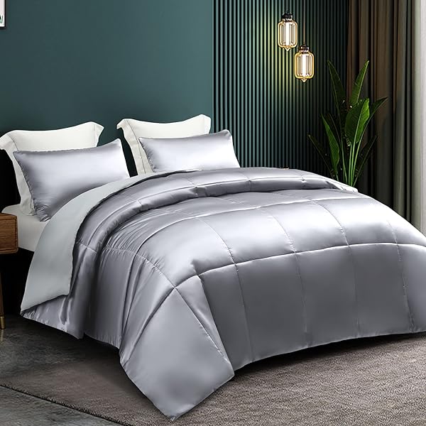Whale Flotilla Whale Flotilla 3 Piece Reversible King Size Comforter Set Luxurious Satin Bedding with 2 Pillowcases Lightweight All Seasons Grey - View 3 of 8
