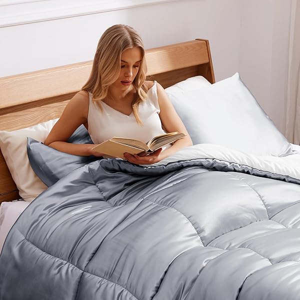 Whale Flotilla Whale Flotilla 3 Piece Reversible King Size Comforter Set Luxurious Satin Bedding with 2 Pillowcases Lightweight All Seasons Grey - View 4 of 8