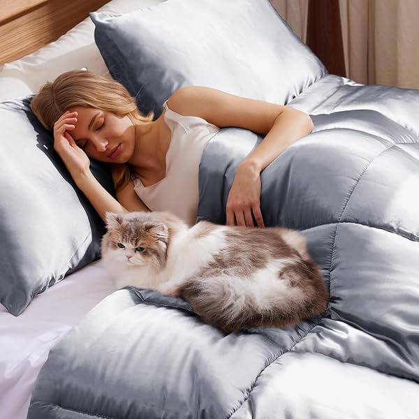 Whale Flotilla Whale Flotilla 3 Piece Reversible King Size Comforter Set Luxurious Satin Bedding with 2 Pillowcases Lightweight All Seasons Grey - View 5 of 8