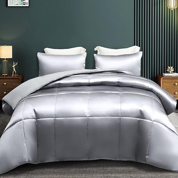 Whale Flotilla Whale Flotilla 3 Piece Reversible King Size Comforter Set Luxurious Satin Bedding with 2 Pillowcases Lightweight All Seasons Grey