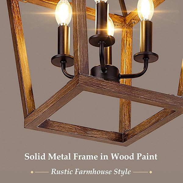 BrightHome Farmhouse Chandelier Light Fixture 4-Light Rustic Pendant Ceiling Light Adjustable Oak Wood Finish for Kitchen Dining Room Hallway Foyer - View 3 of 8